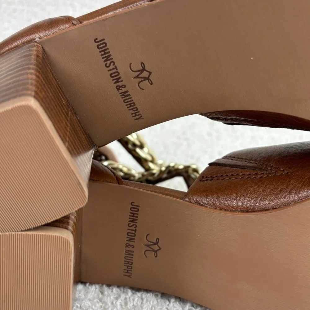 Johnston & Murphy Sandals Womens 9M Cognac Calfskin Evelyn Chain‎ Heeled Sandal
